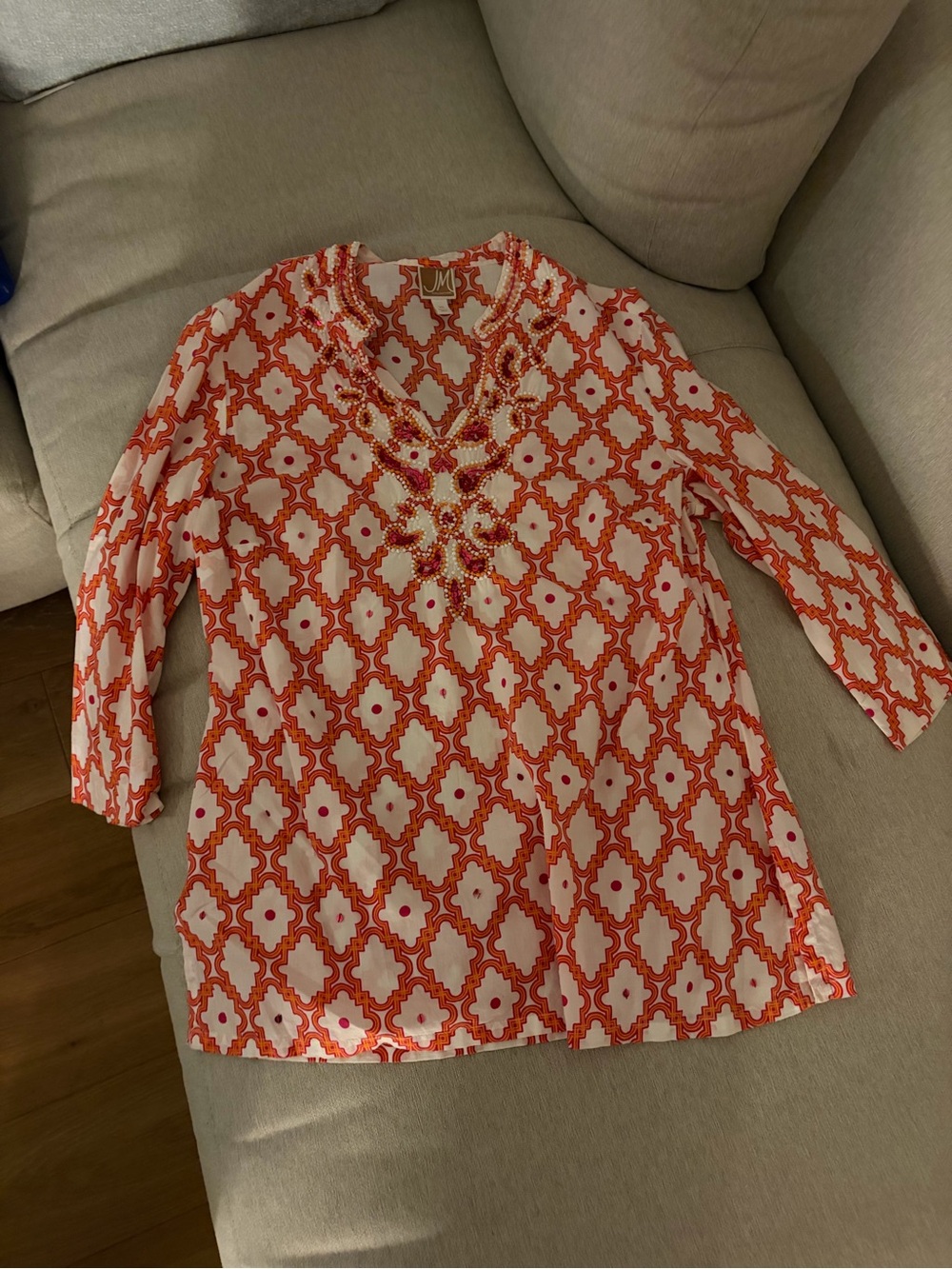 JM Collection Orange and White Geometric Embellished Tunic
